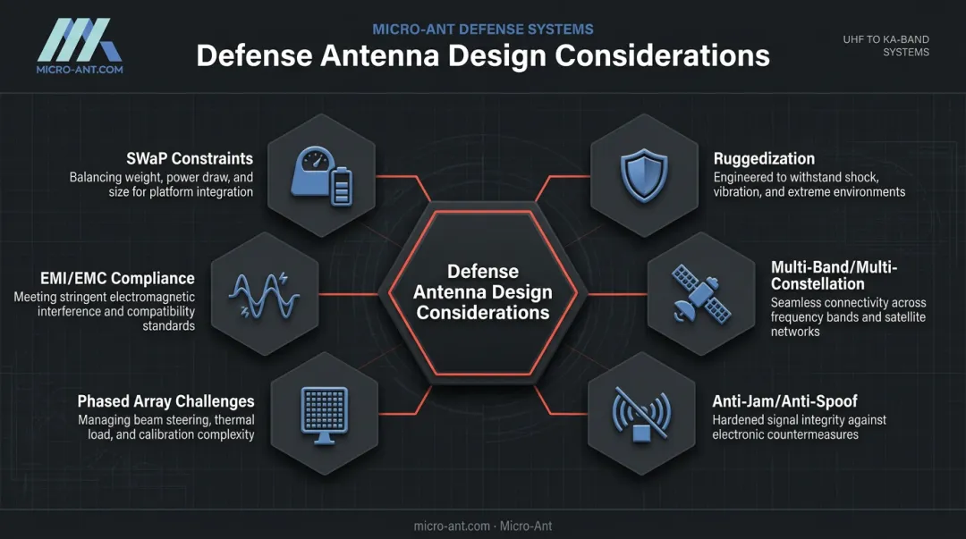 Six critical design considerations for defense antenna systems hexagon diagram