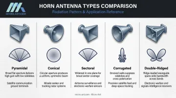 Five horn antenna types compared by geometry and defense application