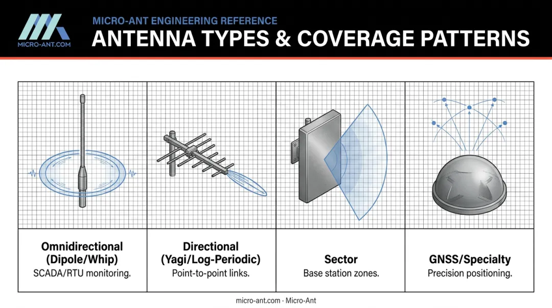 Four types of industrial wireless antennas radiation pattern comparison chart