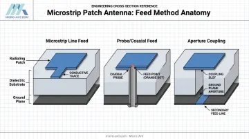 Microstrip patch antenna structure showing three common feed methods diagram