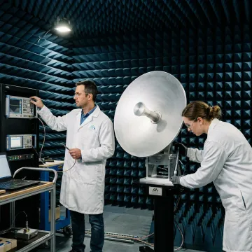 Engineers testing a high gain S-band antenna