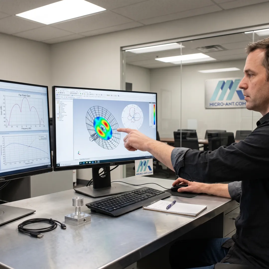 Engineer analyzing antenna simulation software on multiple monitors showing RF radiation pattern models