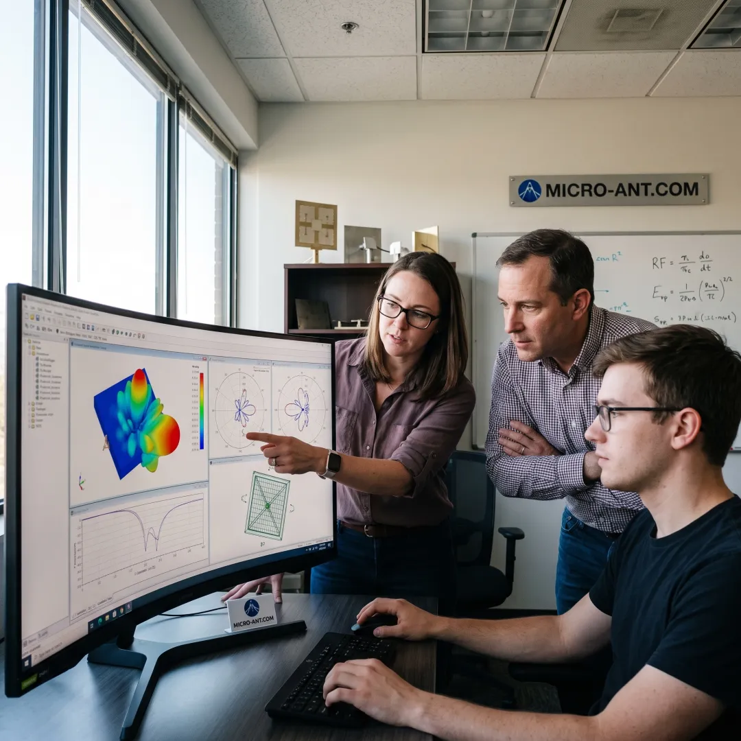 Antenna design engineers reviewing simulated radiation pattern data on computer screens in an engineering lab