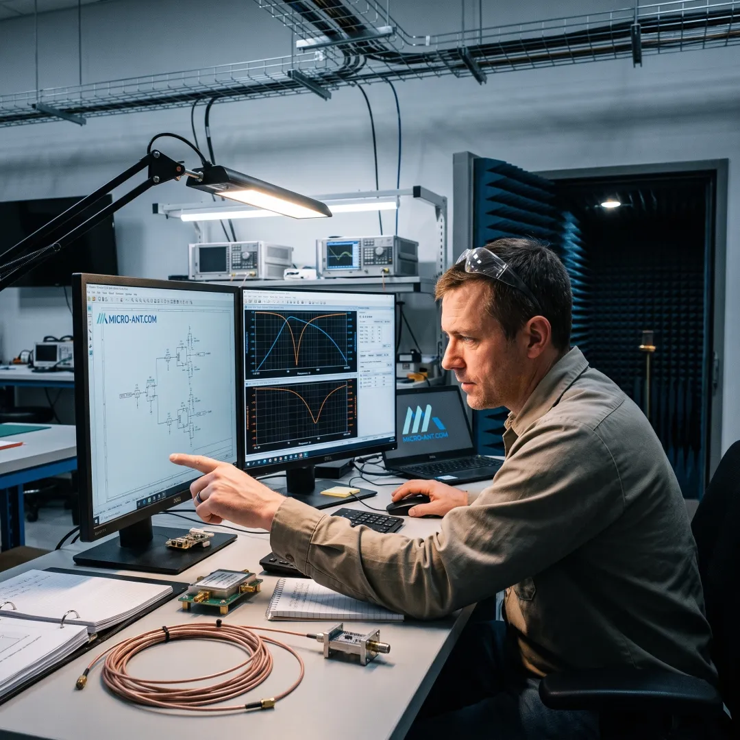 RF engineer reviewing diplexer schematics on a computer screen