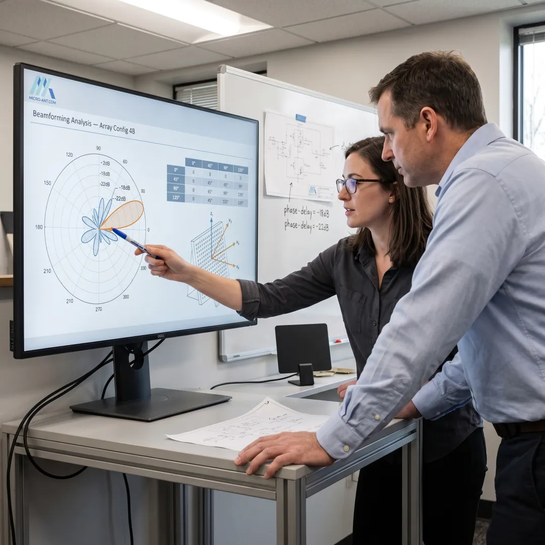 Engineers reviewing phased array antenna schematics on a computer screen