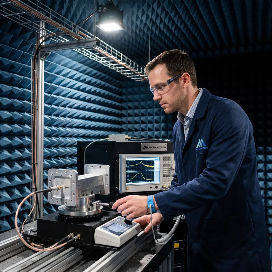 Technician measuring a waveguide polarizer inside an RF anechoic test chamber