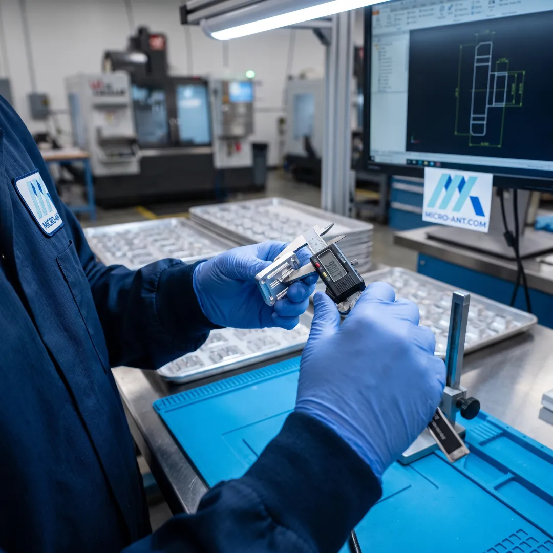 Engineer inspecting a precision antenna component on a production line