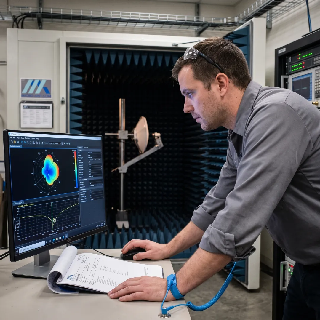 Test engineer reviewing antenna measurement data on a monitor near a chamber