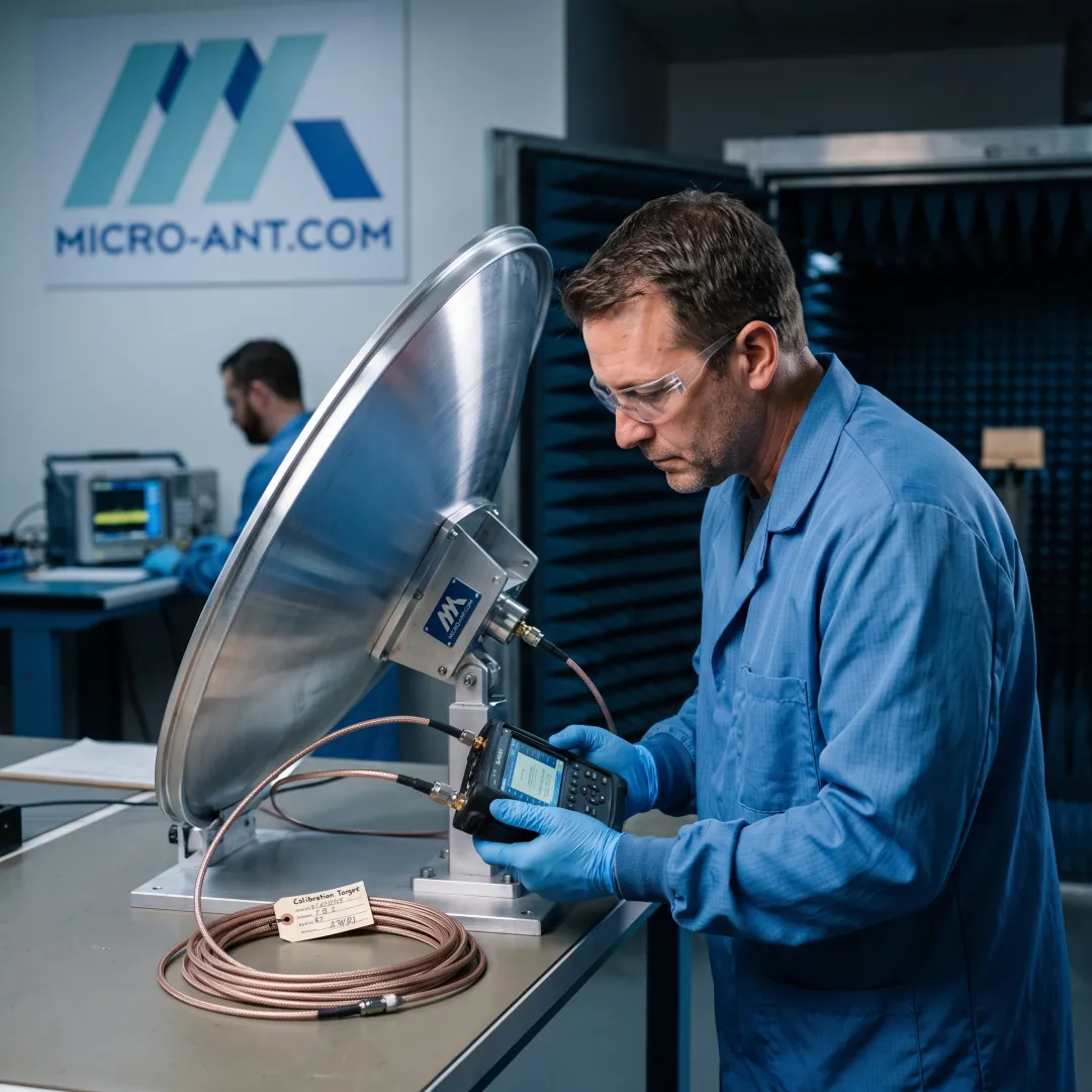 Engineer integrating a SATCOM terminal antenna system in a testing facility