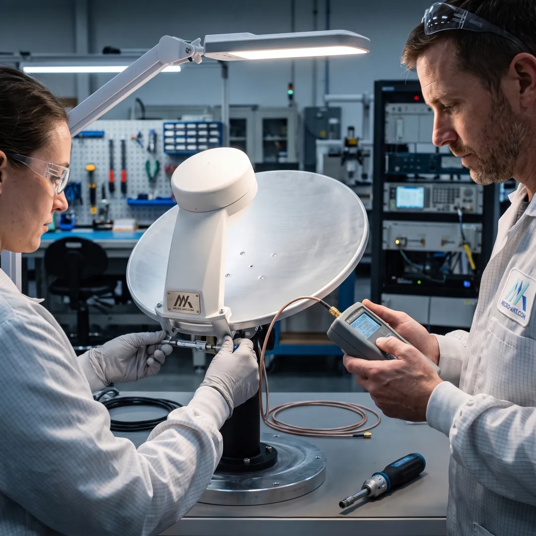Technicians assembling a SATCOM antenna terminal in a precision manufacturing facility