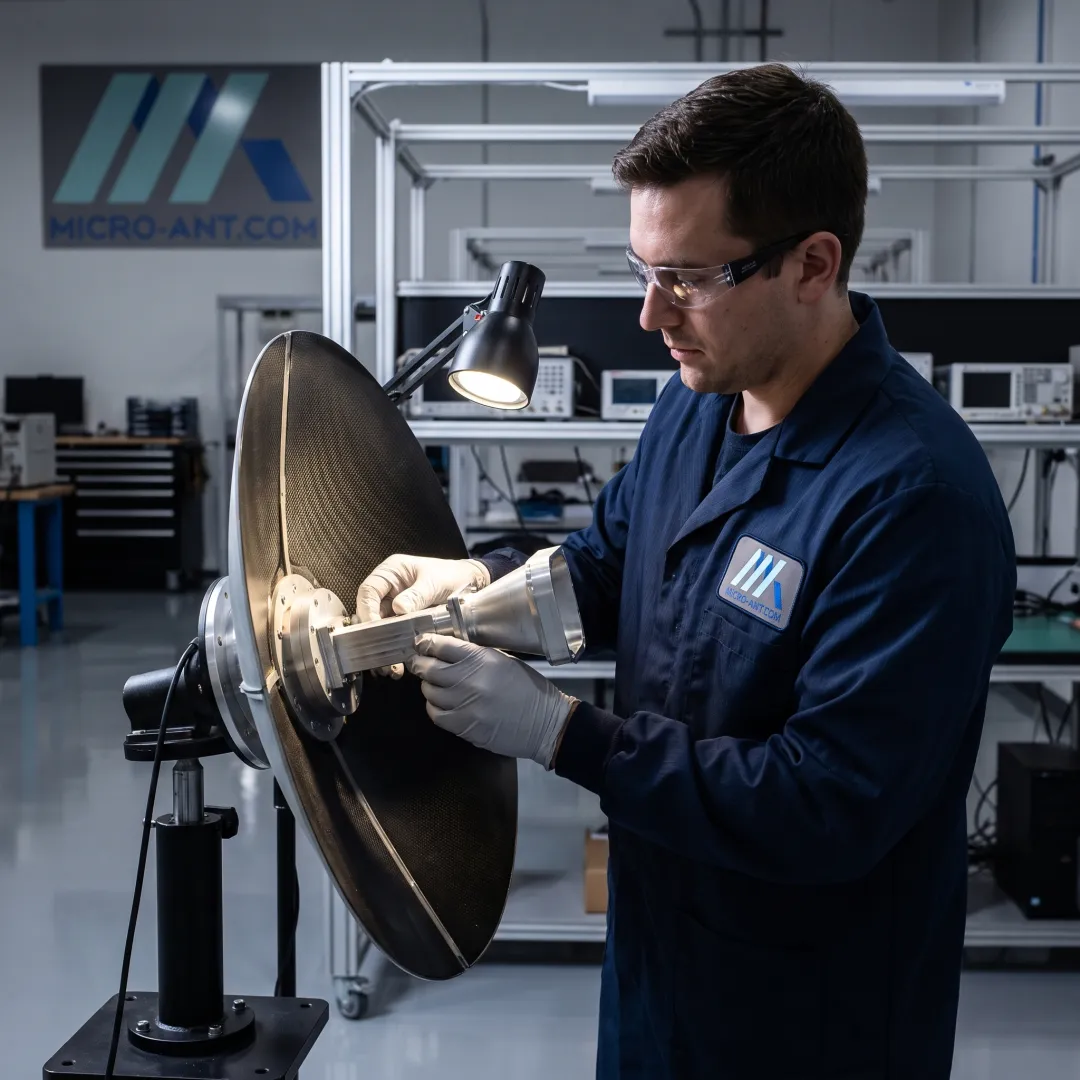 Technician assembling a precision reflector antenna feed