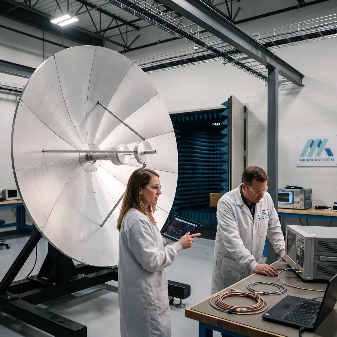 Engineers inspecting a precision reflector antenna assembly