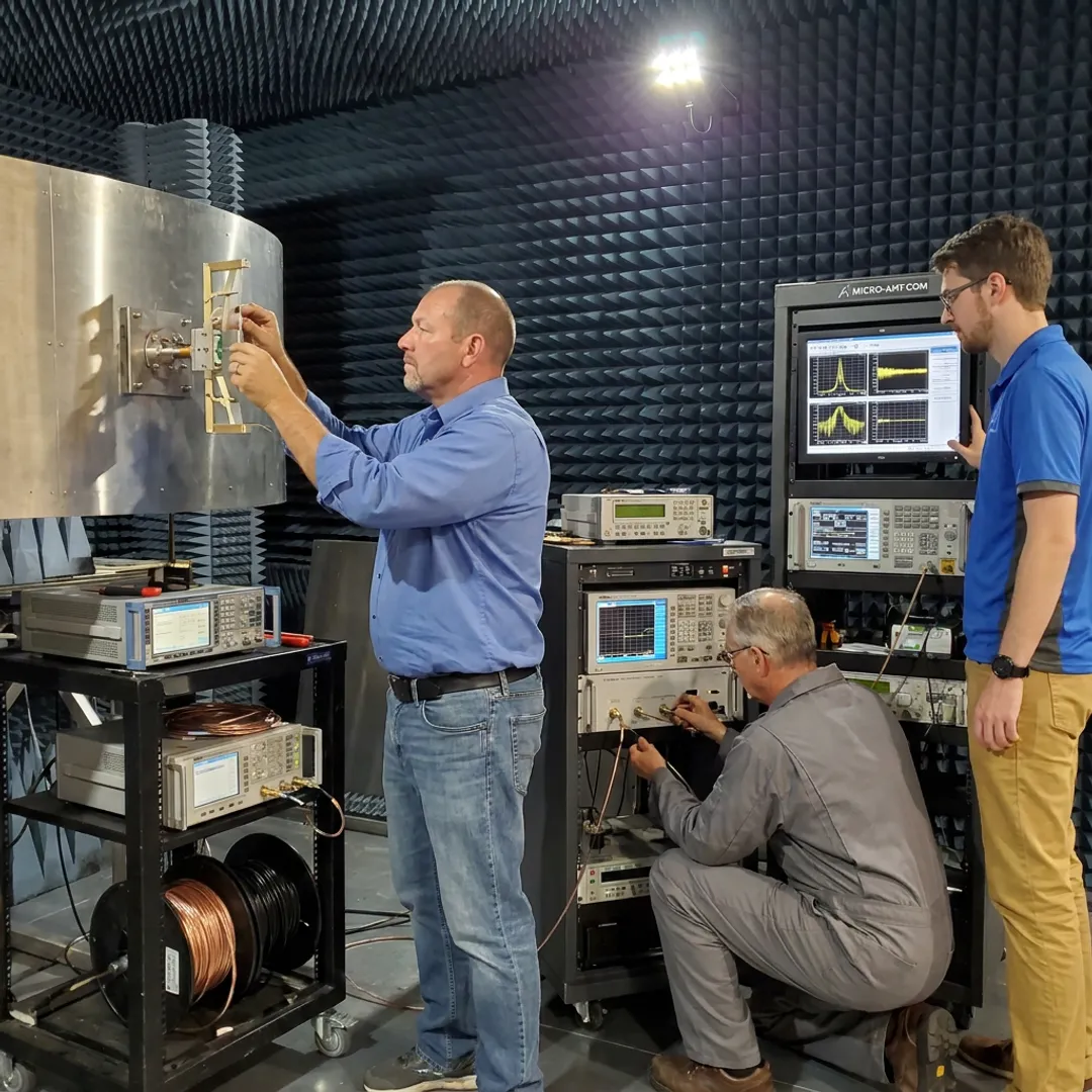 Engineers testing a custom aerospace antenna prototype