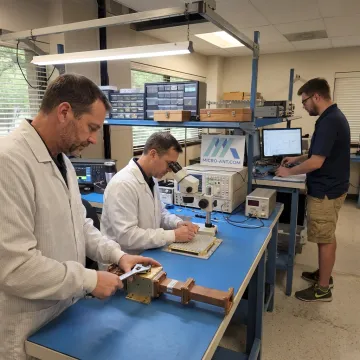 Engineers assembling satellite antenna hardware