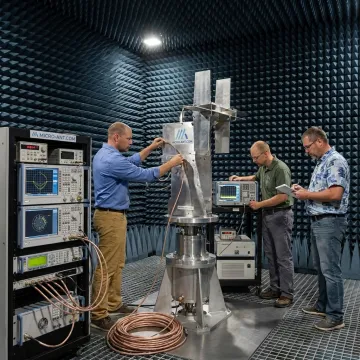 Engineers testing antenna hardware in an RF lab