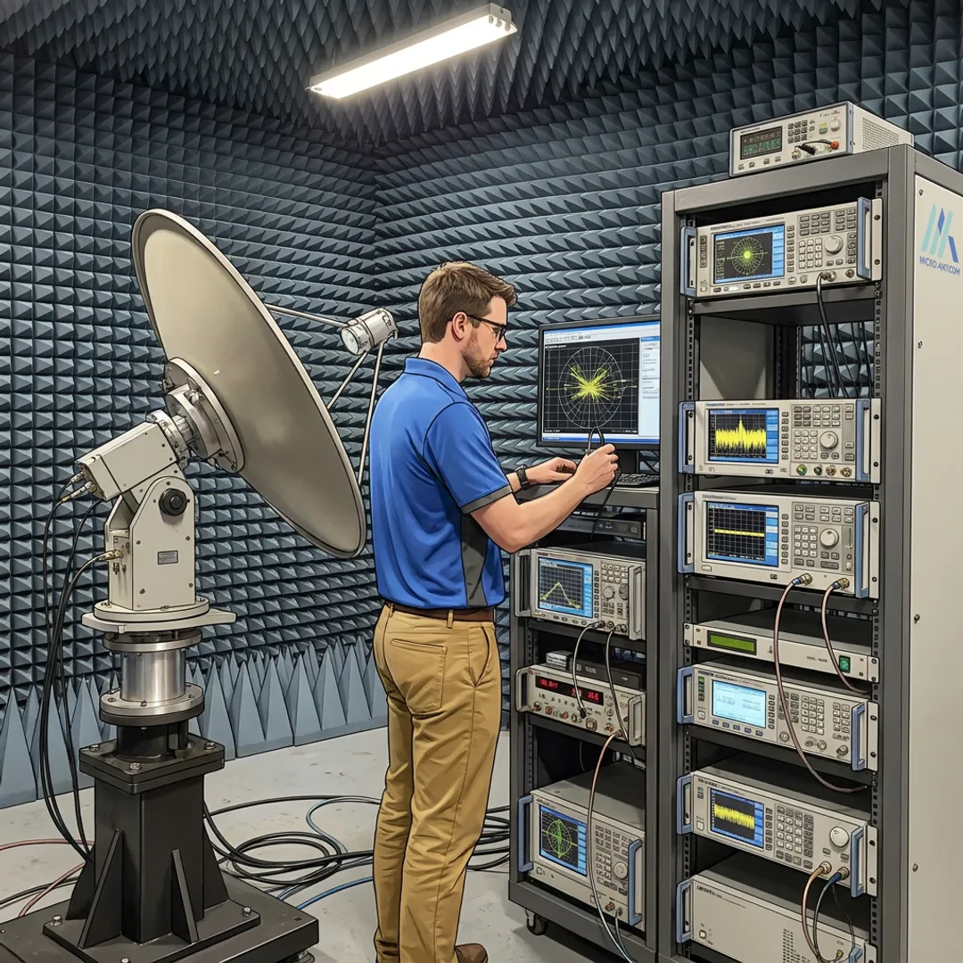 Engineer testing a SATCOM antenna in an RF chamber
