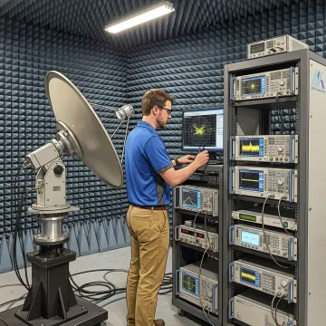 Engineer testing a SATCOM antenna in an RF chamber