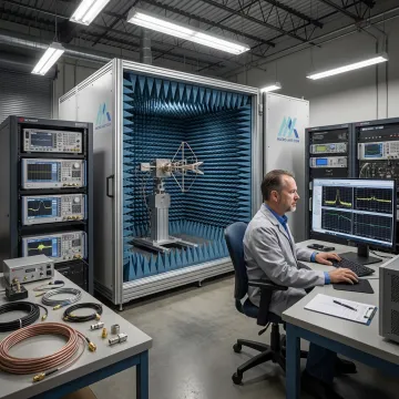 RF testing lab with antenna measurement chamber