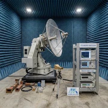 High gain SATCOM antenna in a precision RF testing chamber