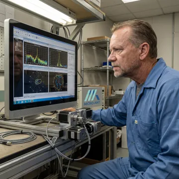 Technician reviewing satellite antenna test results