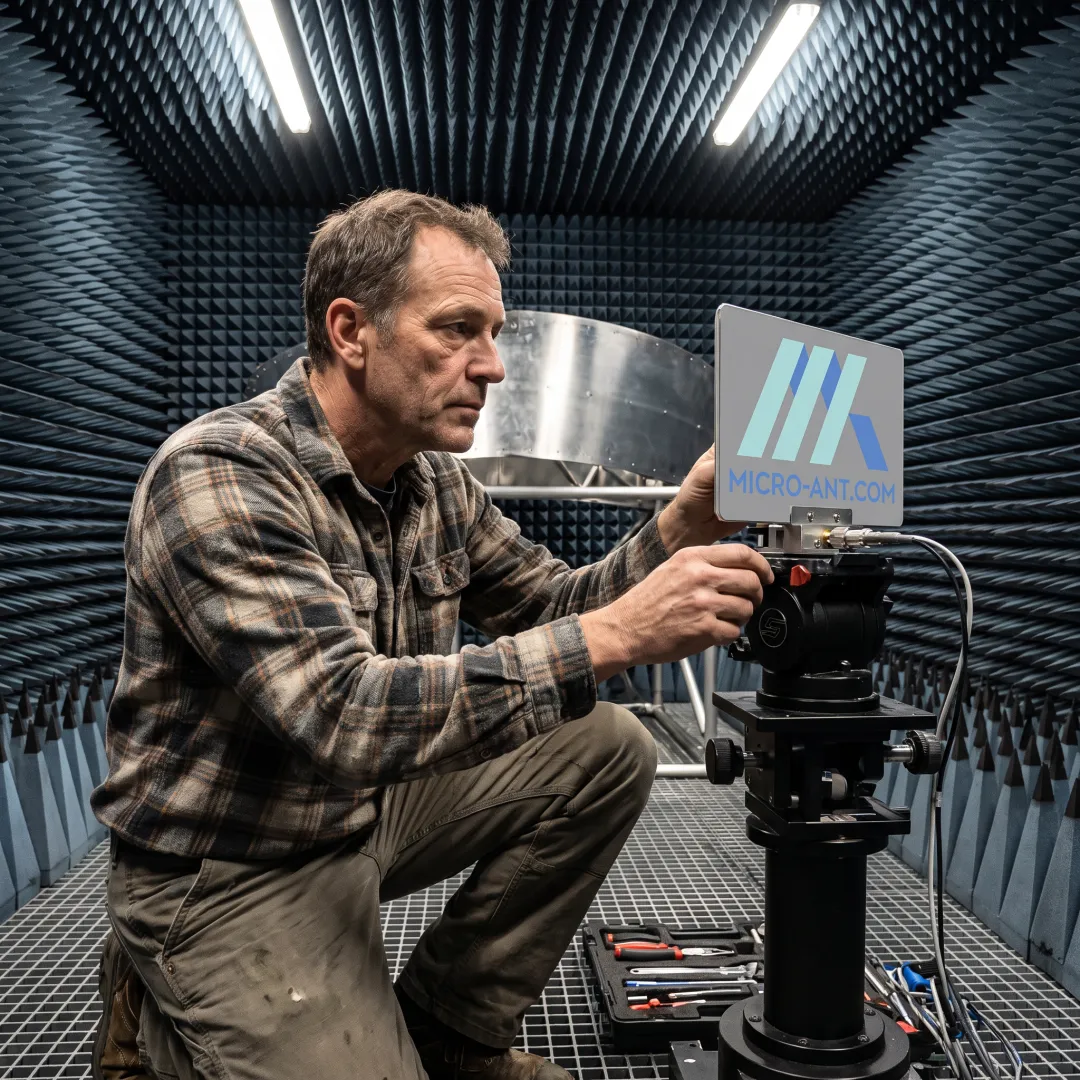 Technician setting up an antenna near-field test