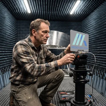 Technician setting up an antenna near-field test