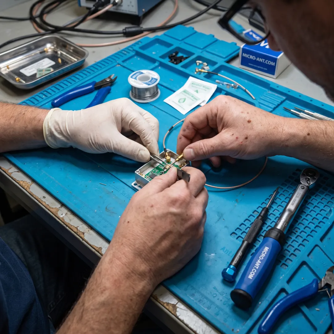 Technician assembling a custom RF antenna component on a production line