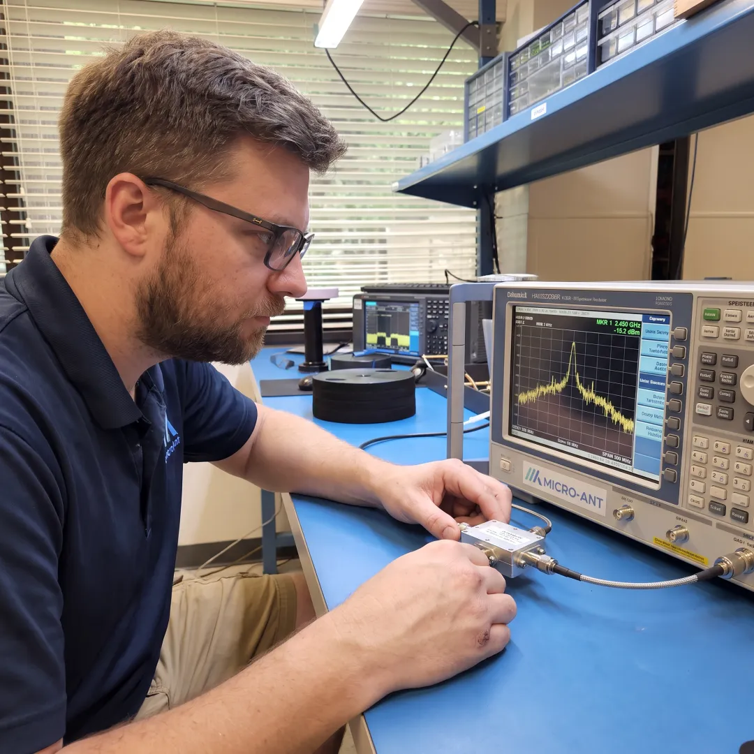 Engineer testing a diplexer component in an RF laboratory