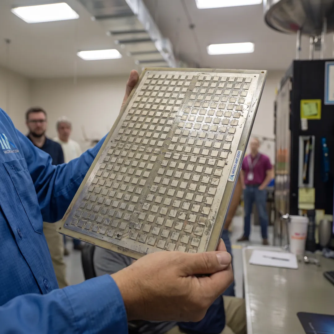 Engineer examining a phased array antenna panel in an RF test lab