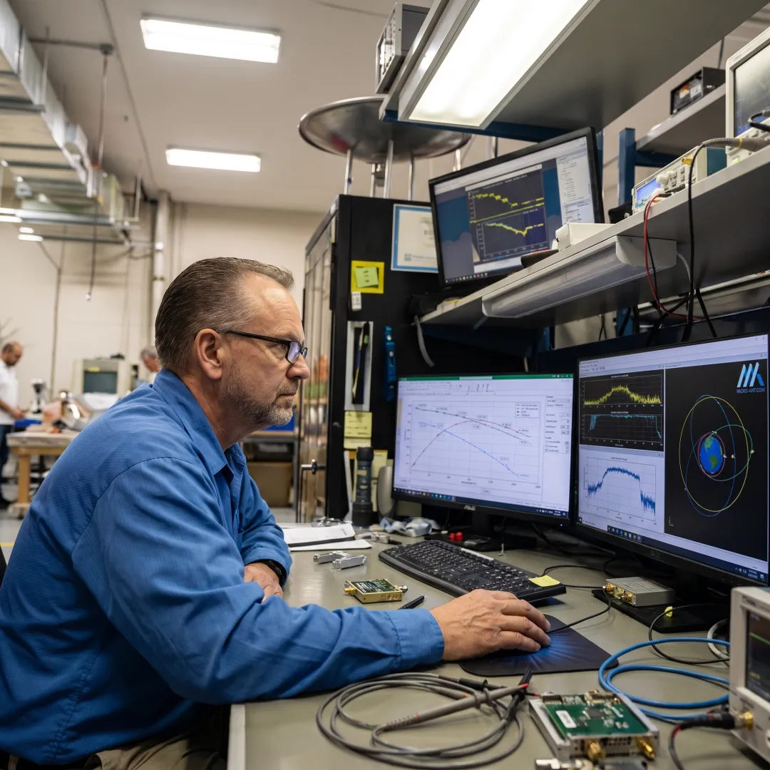 Engineer analyzing RF link budget calculations on a computer with antenna hardware nearby