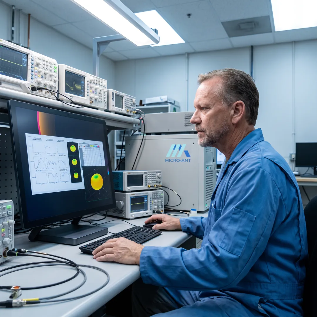 Engineer reviewing SATCOM antenna schematics on a computer