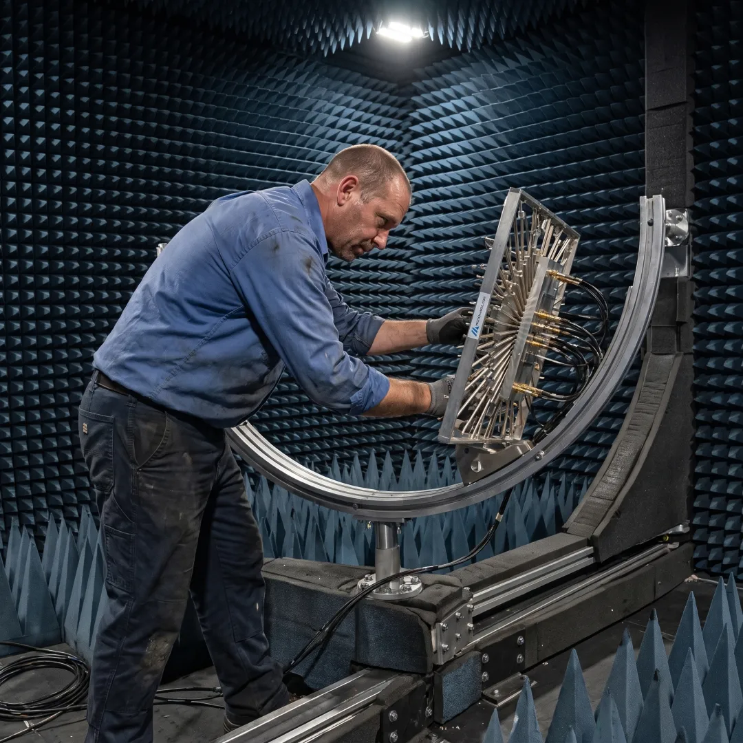 Technician testing a beamforming antenna array inside a near-field measurement chamber
