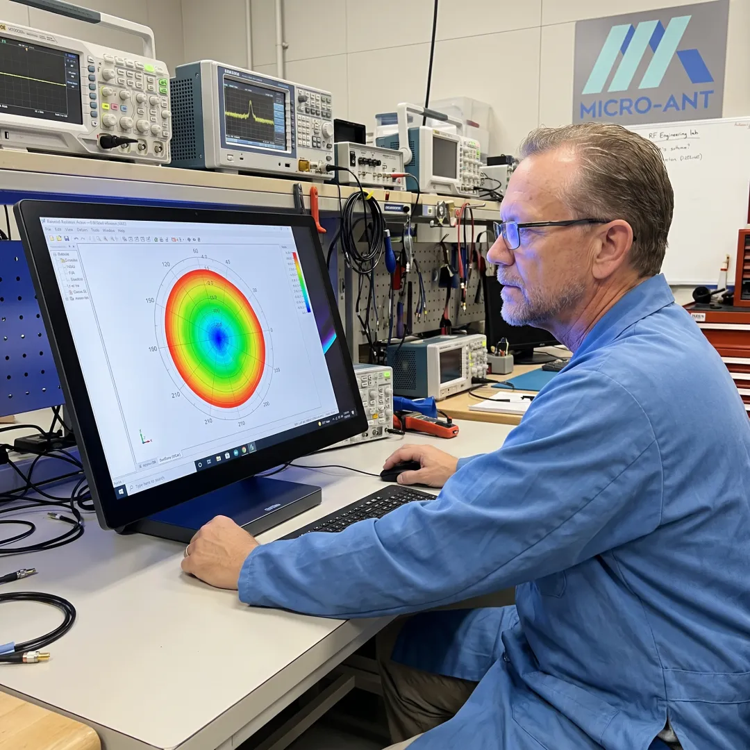 Engineer reviewing antenna schematics on a computer in a design lab