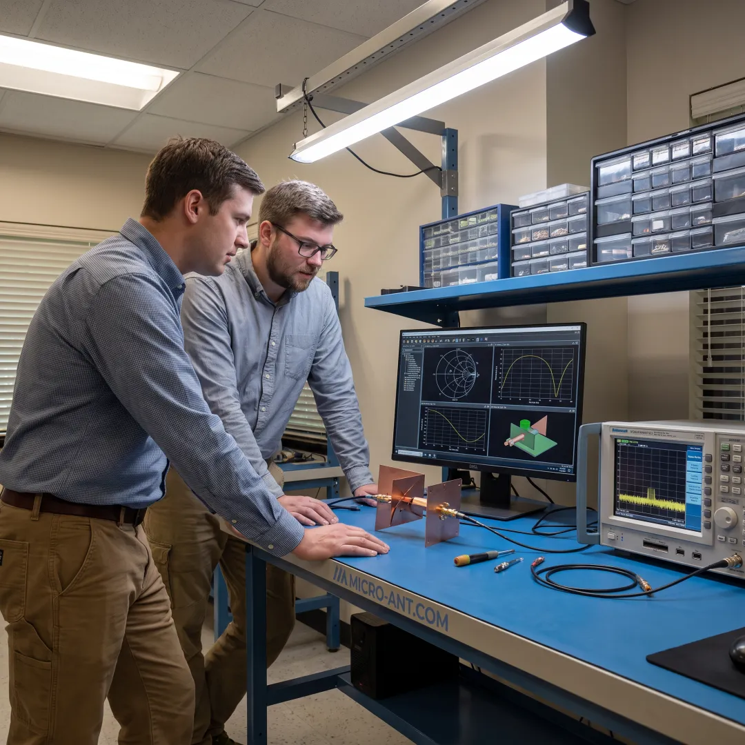 Engineers reviewing RF antenna schematics on a computer in a design office