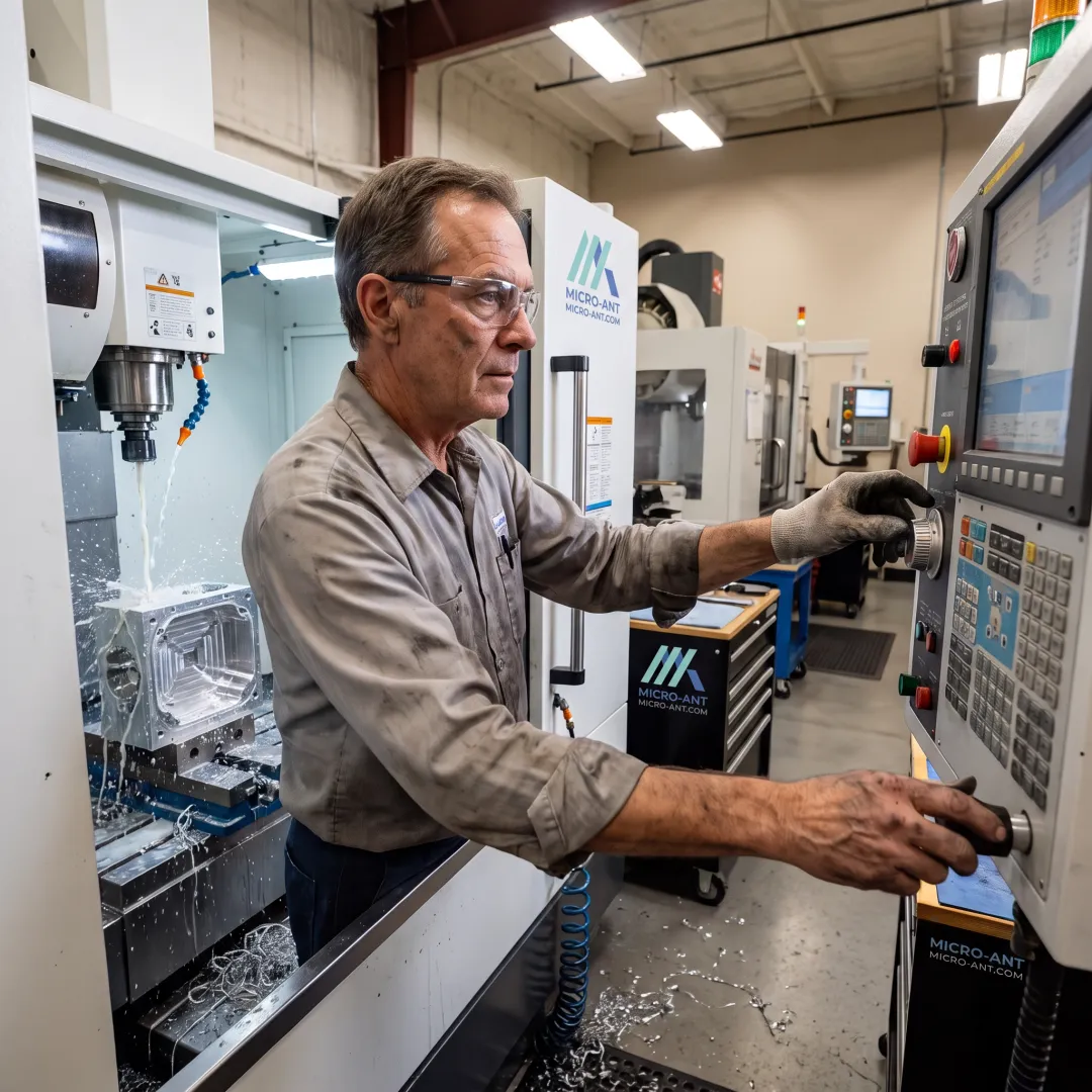 Technician machining a cavity backed antenna component in a precision machine shop