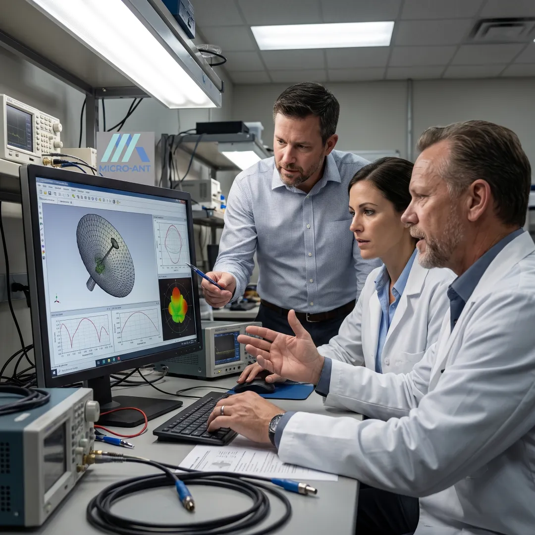 Engineers reviewing reflector antenna design schematics on a computer