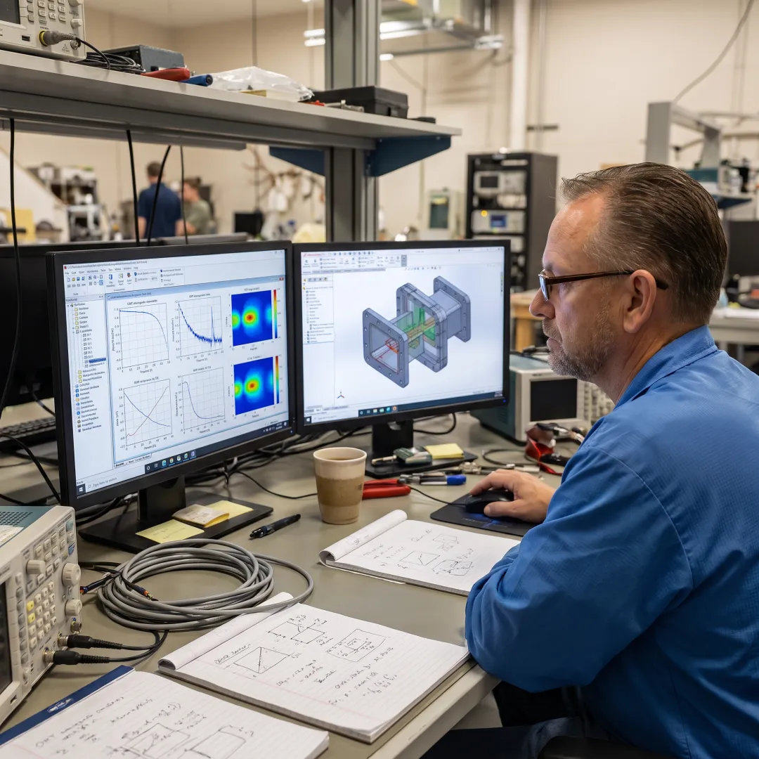 RF engineer reviewing orthomode transducer design schematics on a computer