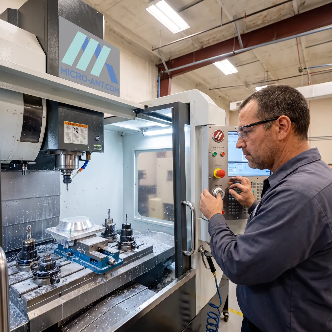 Technician machining a GNSS antenna component in a precision machine shop