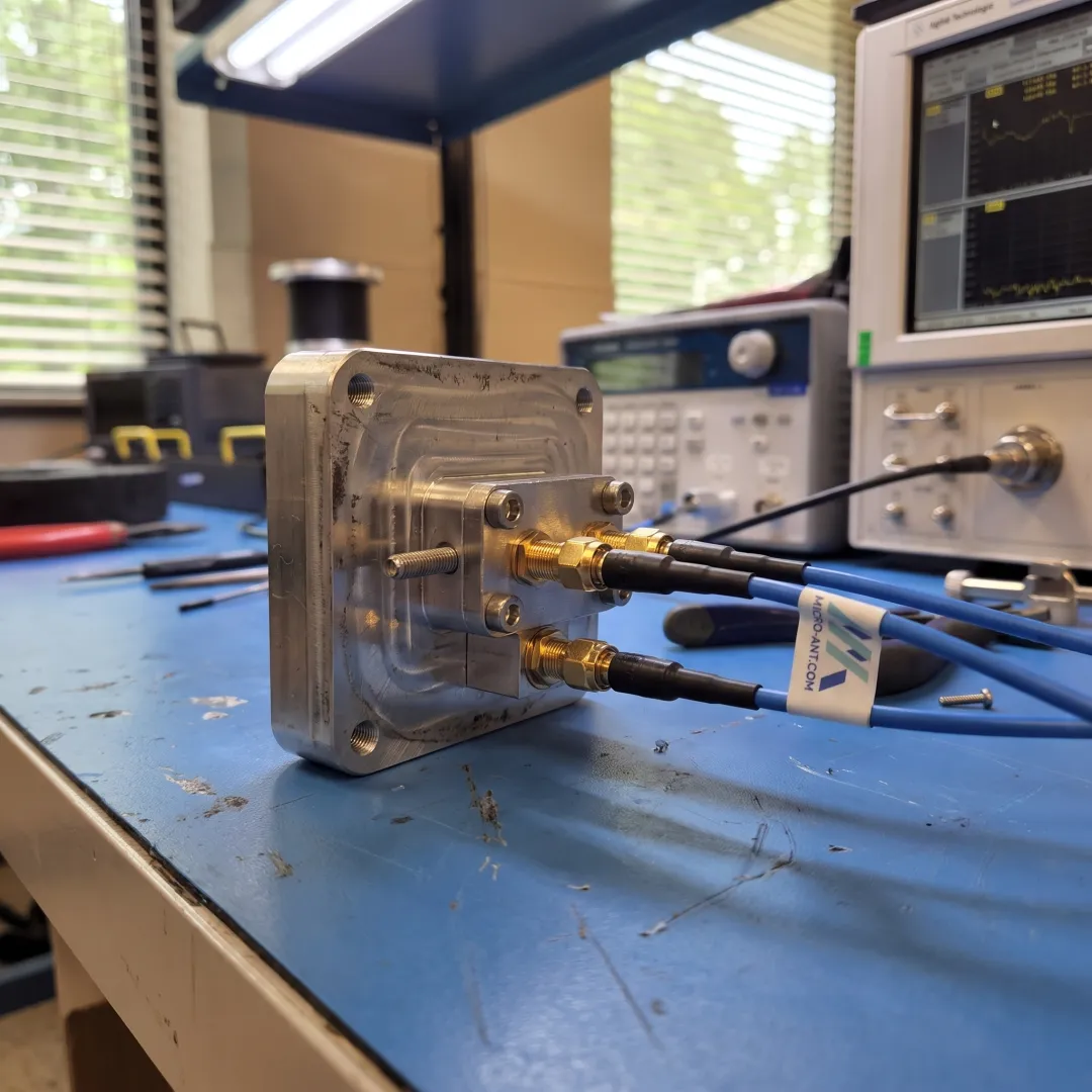 Engineer inspecting a custom GNSS antenna prototype on a workbench