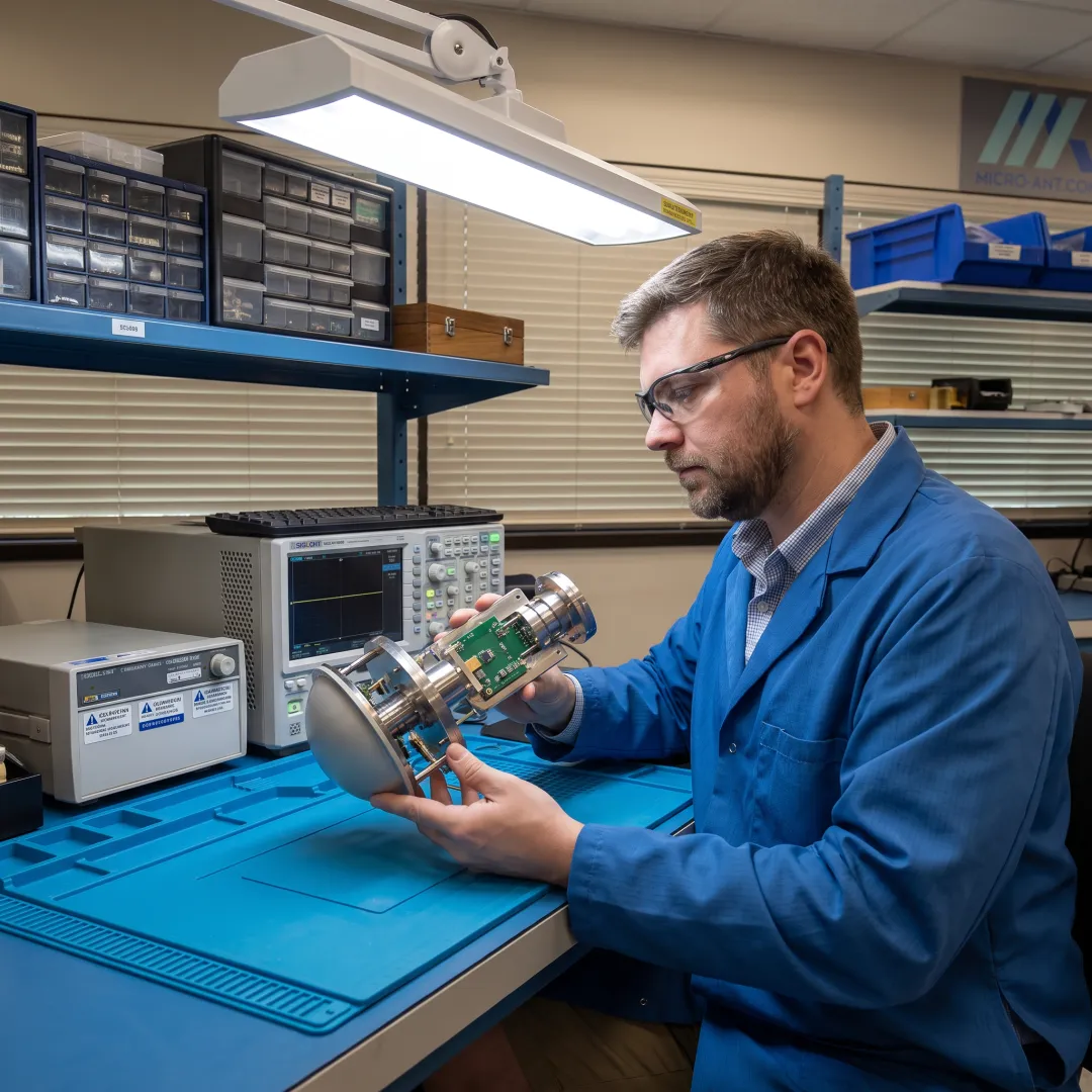 Engineer inspecting a completed antenna assembly in a quality control lab