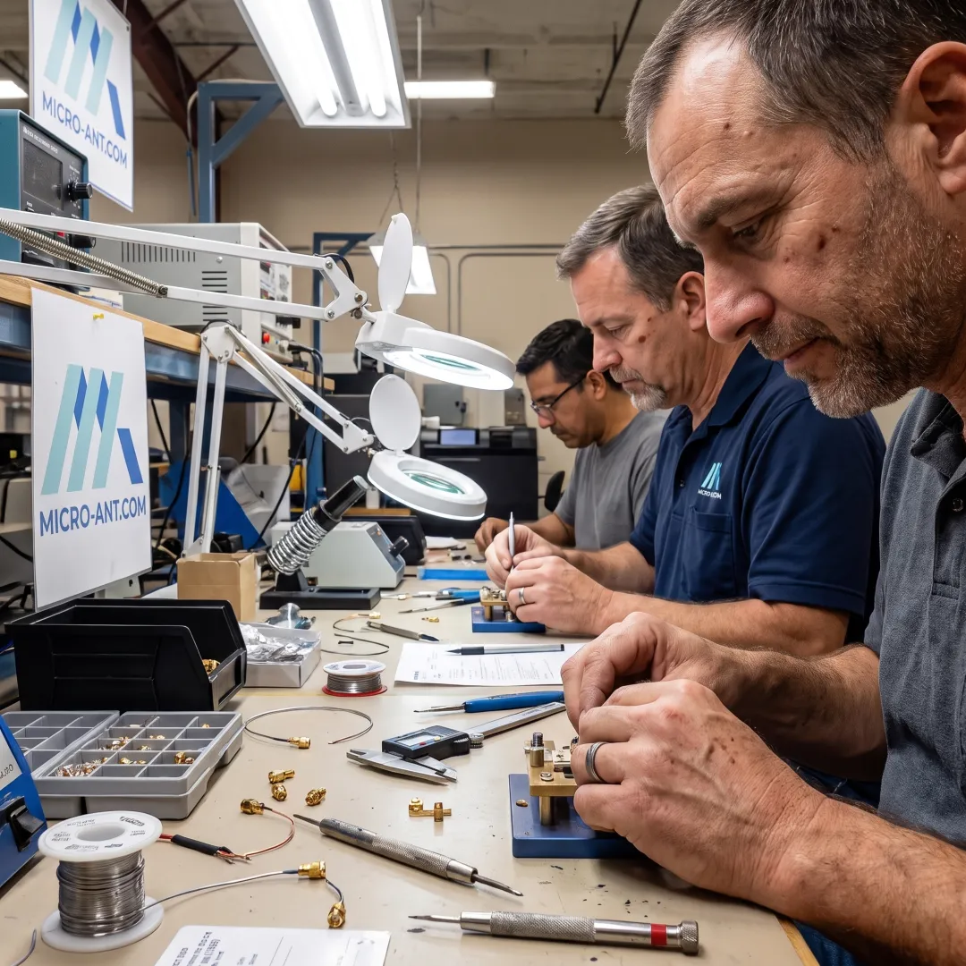 Technicians assembling precision RF antennas on a production line at a certified manufacturing facility