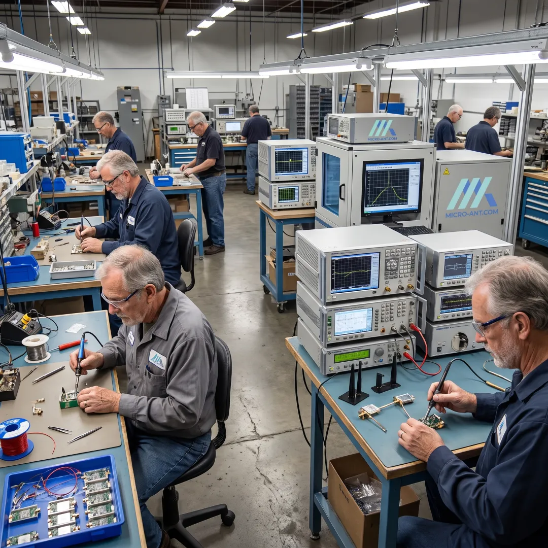 Technicians assembling antennas on a high-volume production line in a manufacturing facility