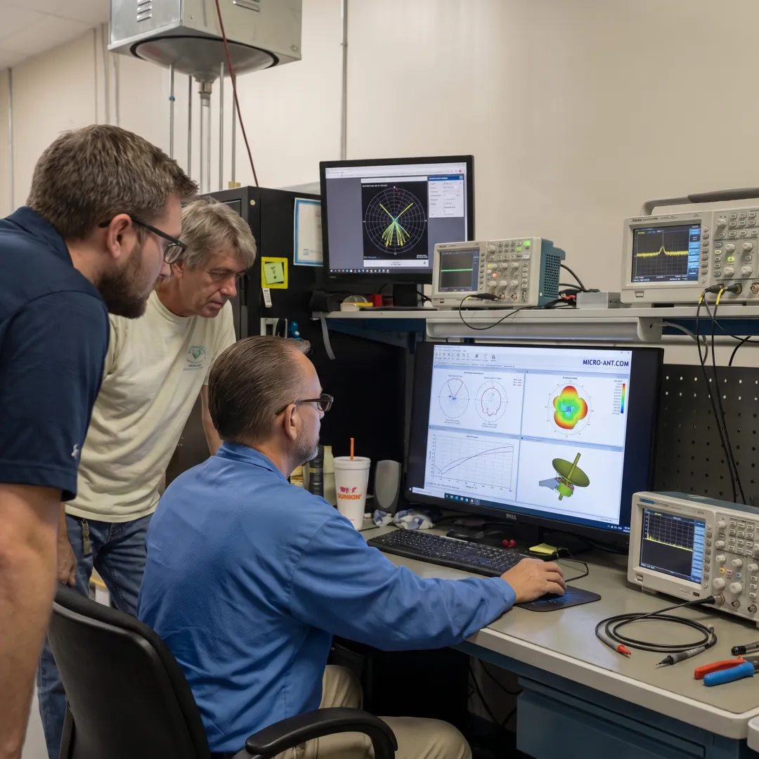 Antenna engineers reviewing a Ku-band design schematic on a computer screen