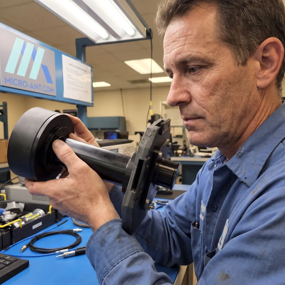 Engineer inspecting a custom antenna component during production quality control