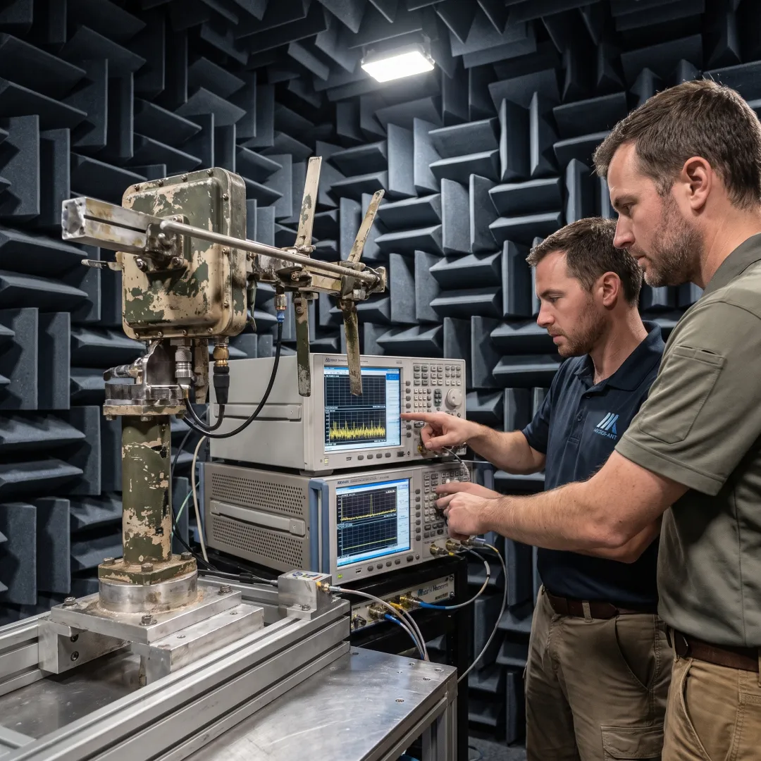 Engineer testing a custom military antenna in an anechoic chamber