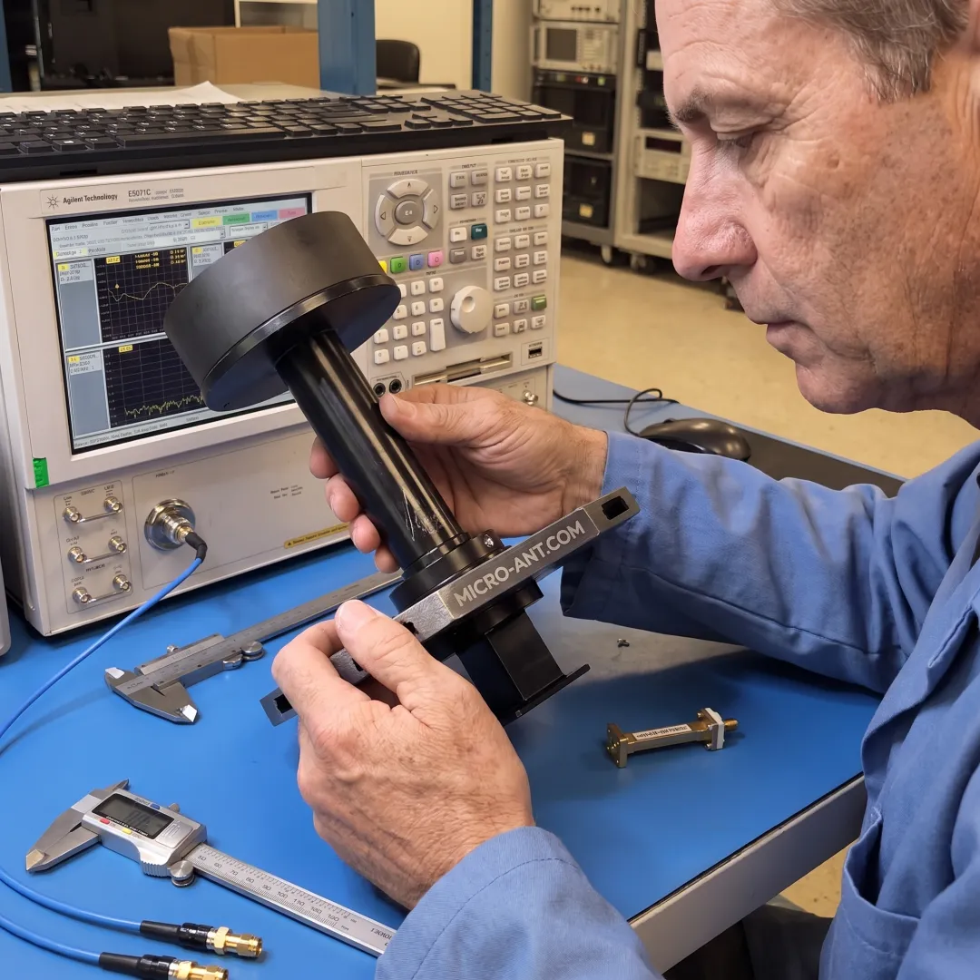 Close-up of a custom RF antenna undergoing quality inspection
