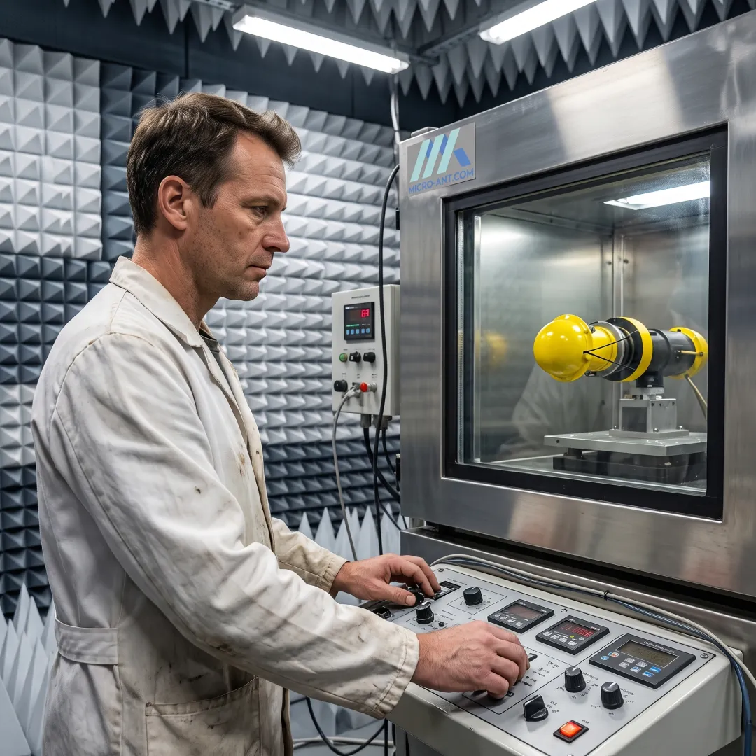 Engineer testing an antenna inside an environmental test chamber