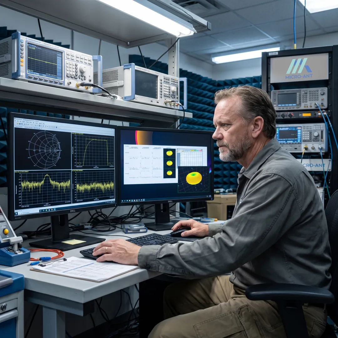 Engineer reviewing radome test data on a monitor beside a near-field measurement chamber