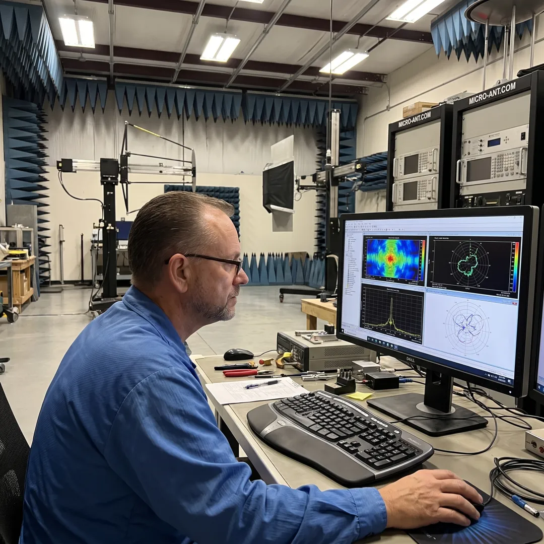 Technician reviewing antenna test data on a monitor in an RF testing facility