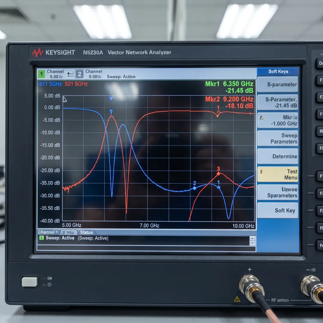 Test engineer reviewing S-parameter data on a computer screen next to RF testing equipment
